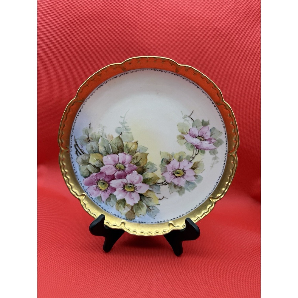Antique C 1920's Bavarian Porcelain Pink Rose Plate Gold Gilt 9.5"